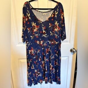 Torrid size 3 fall navy floral stretch skater dress with pockets